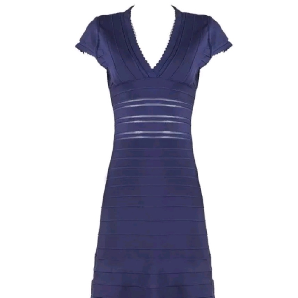 Navy Blue V Neck Scallop Hem A Line Sheath Dress